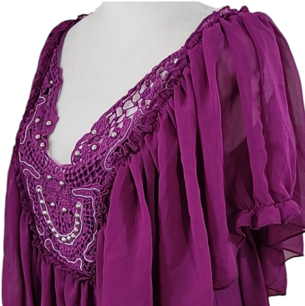 Moa Moa Purple Beaded Top Crochet Trim Flutter Sleeves Sz Large - Picture 8 of 11